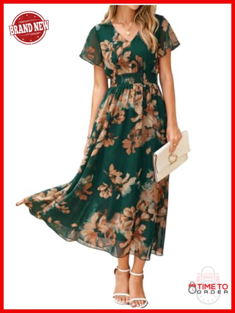 Womens Floral Maxi Dress Short Sleeve V-Neck Smocked Chiffon Boho Summer